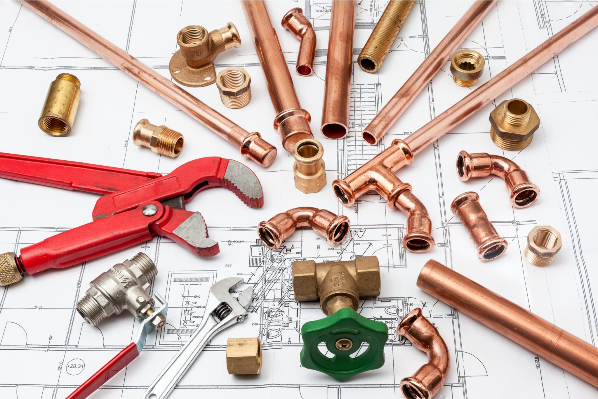 Copper pipes, fittings, valves, and plumbing tools in Upper Darby