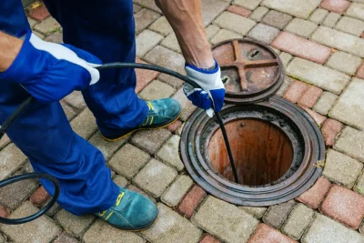 Plumber cleaning an outdoor sewer drain in Upper Darby