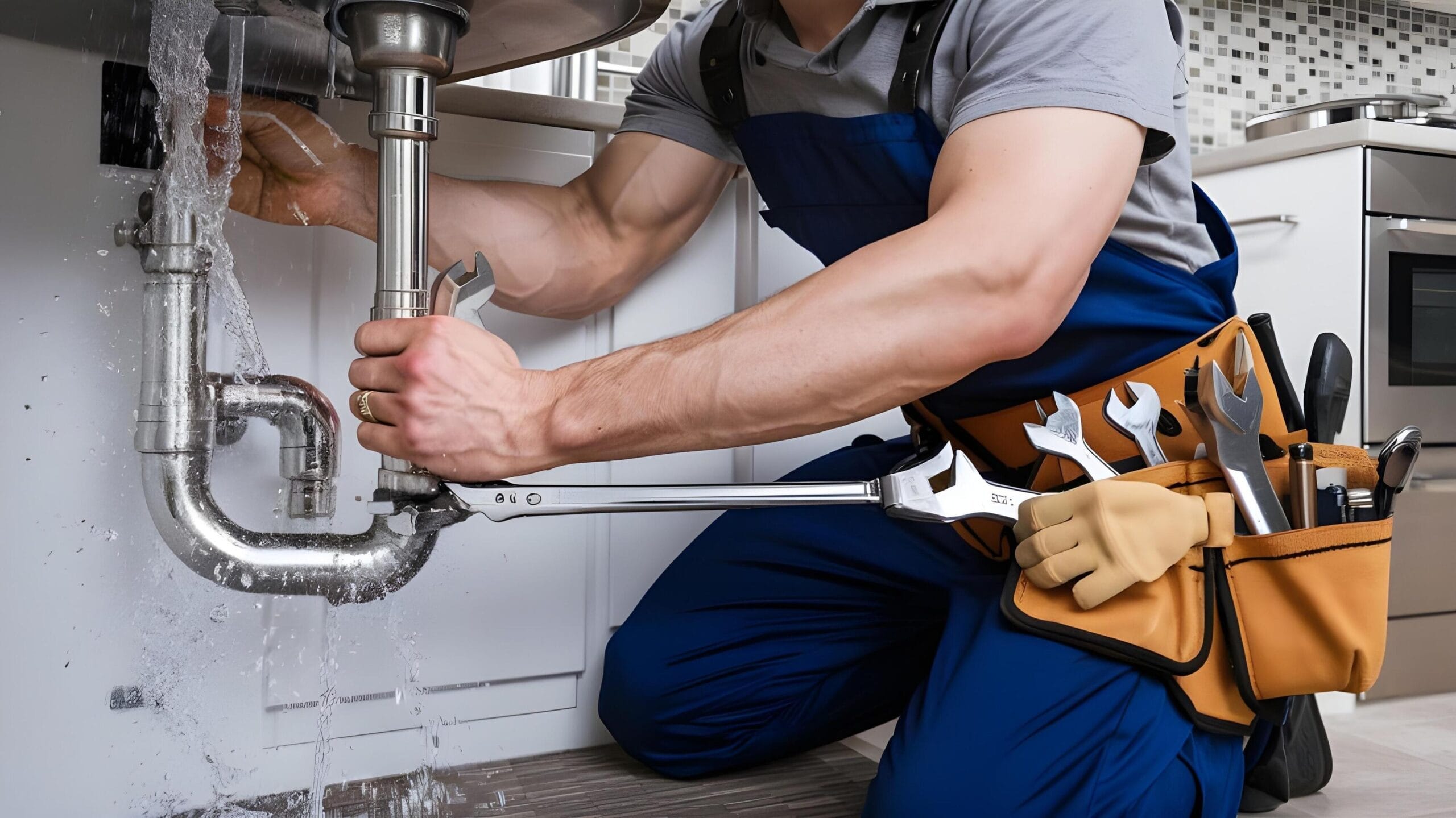 Plumber tightening a residential plumbing pipe in Upper Darby