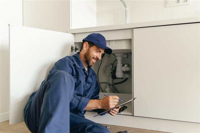 Residential plumber reviewing plumbing repairs in a Upper Darby kitchen