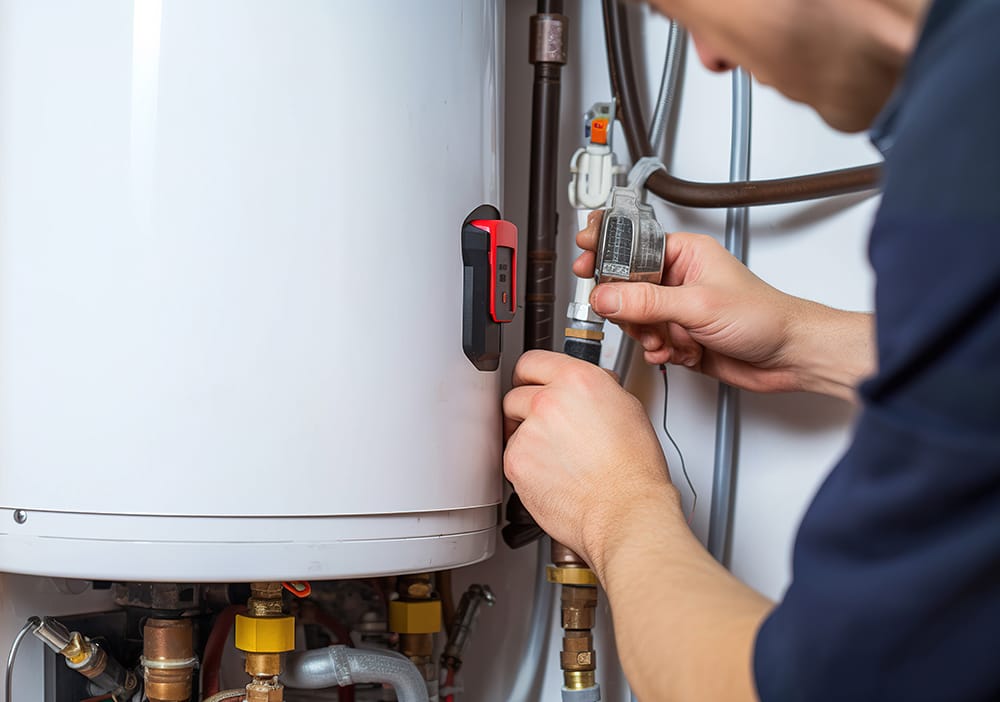 Technician repairing pipes connected to a water heater in Upper Darby